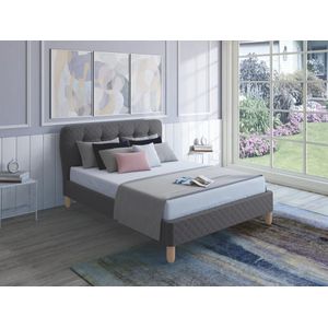 Vente-unique Bed 140 x 190 cm met gecapitonneerd hoofdbord - Stof - Grijs + matras - ELIDE L 163 cm x H 102 cm x D 206.5 cm