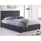 Bed 160 x 200 cm met lade en hoofdbord met capitons - Stof - Grijs + matras - AGOSTINO