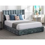 Bed 160 x 200 cm met hoofdbord met verticale stiksels - Velours - Groenblauw + matras - FEROYA
