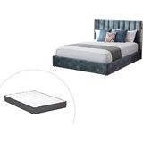 Bed 160 x 200 cm met hoofdbord met verticale stiksels - Velours - Groenblauw + matras - FEROYA L 175 cm x H 122.5 cm x D 216 cm