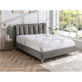 Bed 140 x 190 cm met gewatteerd hoofdbord - Stof - Grijs + matras - FUNITI