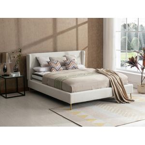 Bed 140 x 190 cm - Stof met bouclé-effect - Ecru + matras - UPILIA L 153 cm x H 101 cm x D 210 cm