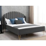 Bed 160 x 200 cm met hoofdbord met golfpatroon - Velours - Grijs + matras - SAGALI