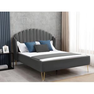 Bed 160 x 200 cm met hoofdbord met golfpatroon - Velours - Grijs + matras - SAGALI L 178 cm x H 126 cm x D 213 cm