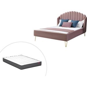 Bed 160 x 200 cm met hoofdbord met golfpatroon - Velours - Oudroze + matras - SAGALI