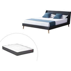 Scandinavisch bed 160 x 200 cm - Stof - Antraciet + matras - BENEDICTE L 172 cm x H 87 cm x D 211 cm