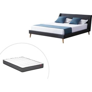 Vente-unique - Bett - Skandinavischer Stil 160 x 200 cm - Stoff - Anthrazit + Matratze - benedicte