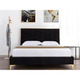 Bed 160 x 200 cm met hoofdbord met verticale stiksels - Velours - Zwart en goud + matras - CLARISSE