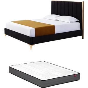 Vente-unique Bed 160 x 200 cm met hoofdbord met verticale stiksels - Velours - Zwart en goud + matras - CLARISSE L 167 cm x H 120 cm x D 213 cm