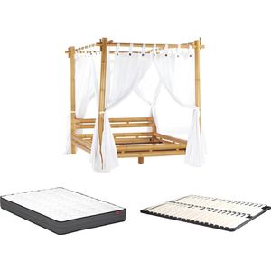 Bed met baldakijn met voiles 160 x 200 cm - Bamboe - Naturel + bedbodem + matras - MALINDI