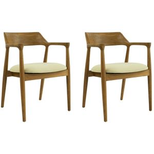 Vente-unique Set van 2 stoelen met armleuningen in teak en stof - Houtlook en crème - SOUADY L 58 cm x H 76 cm x D 58 cm