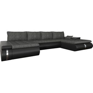 Brede omkeerbare hoekslaapbank van zwart en antracietkleurig kunstleer AZELMA II L 388 cm x H 90 cm x D 217 cm