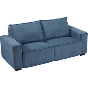 Elektrische relaxzitbank met 3 plaatsen en bekleding in blauw ribfluweel –AMELIO L 210 cm x H 92 cm x D 98 cm