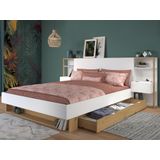 Bed met nachtkastjes en opbergruimte 160 x 200 cm - Kleur: wit en naturel + bedbodem + matras - MISTA