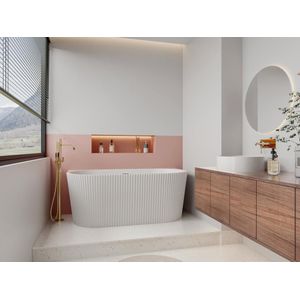 Geribbeld, halfvrijstaand bad - 206 liter - 149 x 75 x 58 cm - Glanzend wit - Acryl - ZELINA