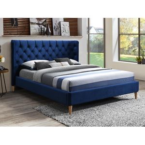 Bed 140 x 190 cm met hoofdbord met capitonnage - Velours - Koningsblauw + matras - ENODI L 168.5 cm x H 120.5 cm x D 210.5 cm