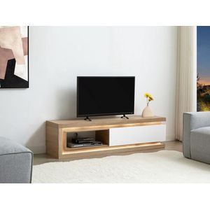 Tv-meubel met 1 lade en 1 nis met ledverlichting van mdf - Naturel en wit gelakt - FLARANCIA