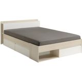 Bed met opbergruimte 140 x 200 cm - Kleur: wit en naturel + bedbodem + matras - DEBAR