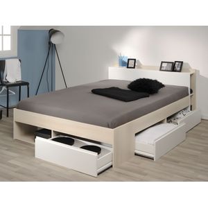 Bed met opbergruimte 140 x 200 cm - Kleur: wit en naturel + bedbodem + matras - DEBAR L 220 cm x H 79 cm x D 150 cm