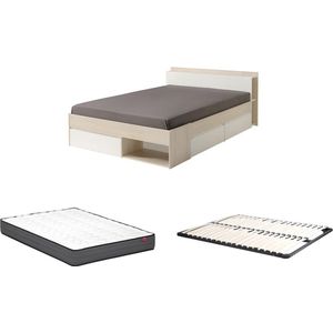 Bed met opbergruimte 160 x 200 cm - Kleur: wit en naturel + bedbodem + matras - DEBAR L 220 cm x H 79 cm x D 170 cm