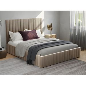 PASCAL MORABITO Bed met opbergruimte 180 x 200 cm met hoofdbord met verticale stiksels - Velours - Taupegrijs + matras - LARALI L 194 cm x H 120 cm x D 215 cm