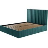 Bed met opbergruimte 160 x 200 cm met hoofdbord met verticale stiksels - Velours - Groenblauw + matras - LARALI