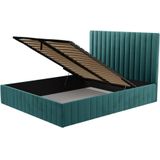 PASCAL MORABITO Bed met opbergruimte 160 x 200 cm met hoofdbord met verticale stiksels - Velours - Groenblauw + matras - LARALI L 174 cm x H 120 cm x D 215 cm