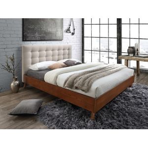 Bed 180 x 200 cm met hoofdbord met capitons - Stof - Beige + matras - FRANCESCO