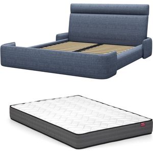 Bed 160 x 200 cm - Stof - Gechineerd blauw + matras - ALODIA