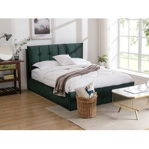 Bed met opbergruimte 140 x 200 cm - Velours - Groen + matras - OLERIA L 155 cm x H 116 cm x D 213 cm