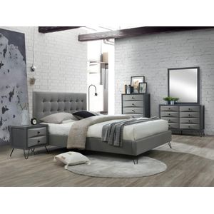 Bed 140 x 190 cm met hoofdbord met capitons - Stof - Grijs + matras - COSTANZA