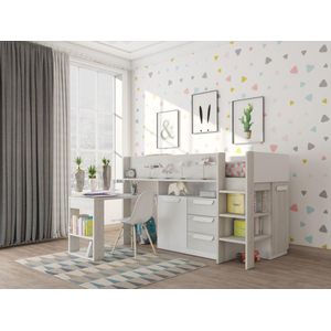 Hoogslaper 90 x 200 cm met bureau en opbergruimte - Wit en naturel + matras - LOUKALA