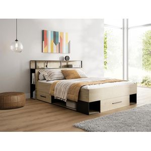 Bed met opbergruimte 140 x 190 cm + bedbodem - Kleur: naturel en zwart - NOALIA L 150.1 cm x H 95 cm x D 217.1 cm