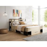 Bed met opbergruimte 140 x 190 cm + bedbodem + matras - Kleur: naturel en zwart - NOALIA