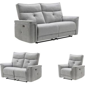 Elektrische relax-3- en -2-zitsbank en -fauteuil van grijze stof BENJAMIN L 202 cm x H 103 cm x D 92 cm
