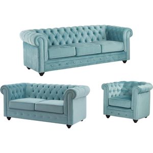 Drie- en tweezitsbank en fauteuil van pastelblauw velours CHESTERFIELD