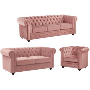 Vente-unique Drie- en tweezitsbank en fauteuil van pastelroze velours CHESTERFIELD L 205 cm x H 72 cm x D 88 cm