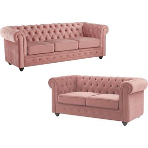 Drie- en tweezitsbank van pastelroze velours CHESTERFIELD L 205 cm x H 72 cm x D 88 cm