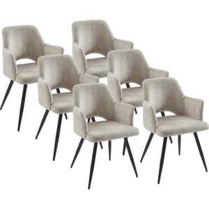 Set van 6 stoelen met armleuningen van stof en zwart metaal - Beige - KADIJA L 54 cm x H 85 cm x D 59 cm