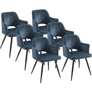 Set van 6 stoelen met armleuningen van stof en zwart metaal - Blauw - KADIJA