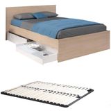 Bed met 2 laden 140 x 190 cm - Kleur: naturel en glanzend wit + lattenbodem - VELONA