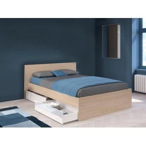 Bed met 2 laden 140 x 190 cm - Kleur: naturel en glanzend wit + lattenbodem - VELONA L 164.4 cm x H 82.6 cm x D 193.6 cm