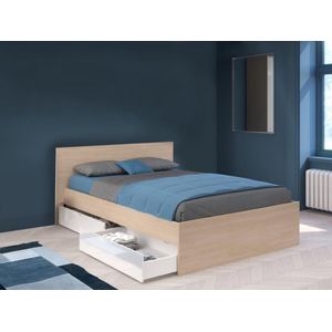 Bed met 2 laden 140 x 190 cm - Kleur: naturel en glanzend wit + lattenbodem - VELONA