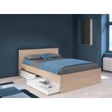 Bed met 2 laden 140 x 190 cm - Kleur: naturel en glanzend wit + lattenbodem + matras - VELONA