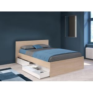 Bed met 2 laden 140 x 190 cm - Kleur: naturel en glanzend wit + lattenbodem + matras - VELONA L 164.4 cm x H 82.6 cm x D 193.6 cm