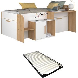 Combinatiebed 90 x 200 cm met bureau en opbergruimte - Kleur: Wit en natuurlijk + Lattenbodem - PEDRO