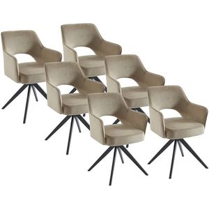 Set van 6 stoelen met rotan rugleuning - beige kunstleren kussens - metalen poten - Bruin