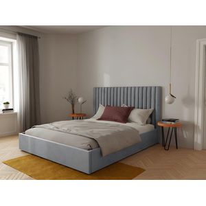 Bed met opbergruimte 180 x 200 cm met hoofdeinde met verticale stiksels - Stof - Grijs + matras - SARAH