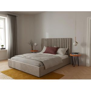 Bed met opbergruimte 180 x 200 cm met hoofdeinde met verticale stiksels - Stof - Beige + matras - SARAH L 190 cm x H 120 cm x D 214 cm