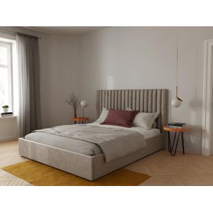 Bed met opbergruimte 180 x 200 cm met hoofdbord met verticale stiksels - Stof - Beige + matras - SARAH